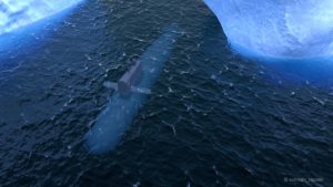 Computer generated submarine travelling on the surface of the Arctic ocean