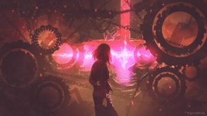 back view of woman standing in old factory looking at the red light through gears, digital art style, illustration painting